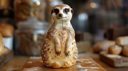 Unique bread loaf resembling an Meerkat resting on a wooden table, Ai Generated
