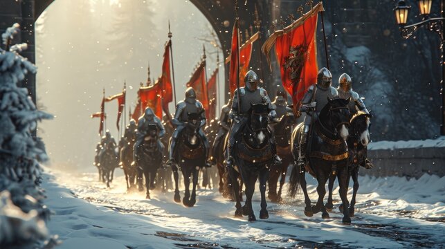 A team of medieval cavalry in armor on horseback marching in Prague city in Czech Republic in Europe.