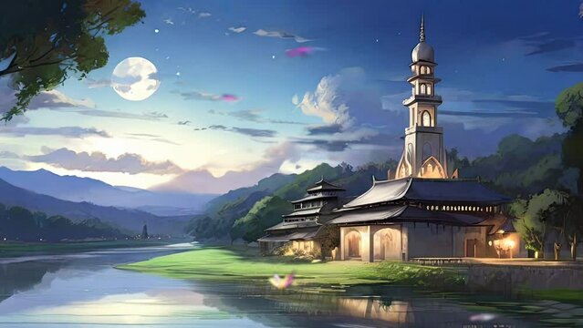 Illustration of an Ancient Mosque Situated in the Countryside, Under the Tranquil Moonlight