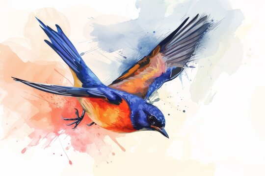This vibrant watercolor painting captures the dynamic essence of a bird in mid-flight, its wings elegantly brushed with a spectrum of colors.