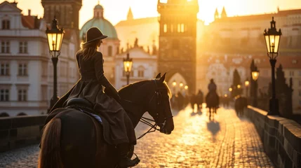 Foto op Canvas Lifestyle portrait of a beautiful Medieval lady on horseback in Prague city in Czech Republic in Europe. © Joyce