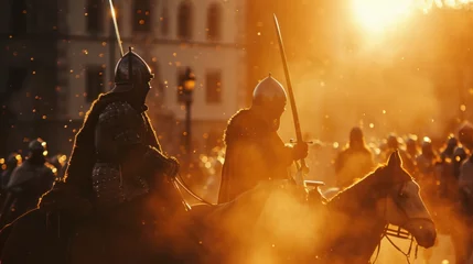 Gordijnen Medieval soldier in battle training drill in armor in Prague city in Czech Republic in Europe. © Joyce