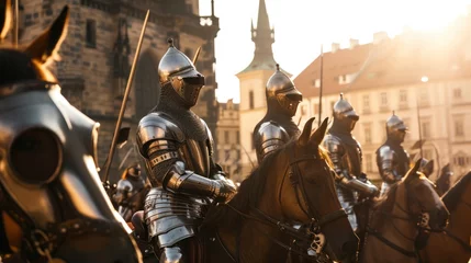 Poster A team of medieval cavalry in armor on horseback marching in Prague city in Czech Republic in Europe. © Joyce