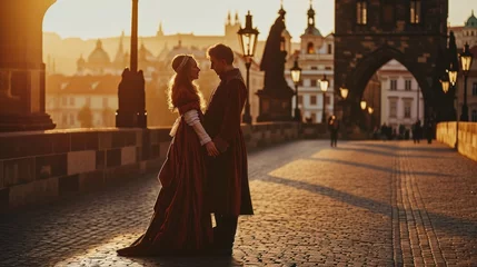 Fotobehang Lifestyle portrait of Medieval young couple showing love at sunrise in Prague city in Czech Republic in Europe. © Joyce