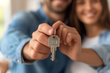 A young couple excitedly presents the key to their new home, symbolizing a major milestone in their shared journey.
