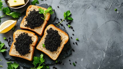 Elegant sandwiches adorned with black caviar and butter, a luxurious culinary indulgence, Ai Generated.