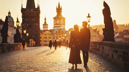 Lifestyle portrait of a beautiful Medieval couple in Prague city in Czech Republic in Europe.