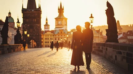Rolgordijnen Lifestyle portrait of a beautiful Medieval couple in Prague city in Czech Republic in Europe. © Joyce