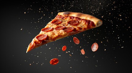 Delicious slice of pepperoni pizza soaring on a black background, an enticing design, Ai Generated. - obrazy, fototapety, plakaty