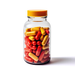 Clear bottle filled with colorful red and yellow vitamins or capsules, Ai Generated.