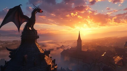 A dragon stand resting with its wings folded on top of a medieval castle at sunrise.