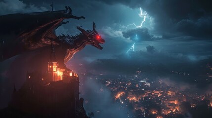 A dragon stand resting on top of a mountain with its wings folded overlooking a city.
