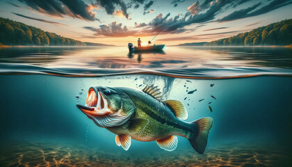 Beautiful fishing scene on a peaceful lake. The clear water reveals a magnificent bass fish just below the surface - obrazy, fototapety, plakaty