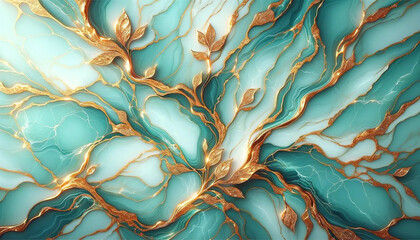 Aqua colored marble with intricate gold veins running through it - obrazy, fototapety, plakaty