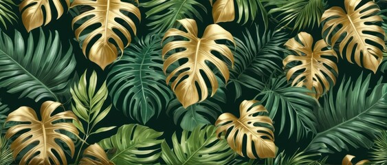 Naklejka premium Green palm leaf pattern with golden accents, perfect for luxurious summer designs.