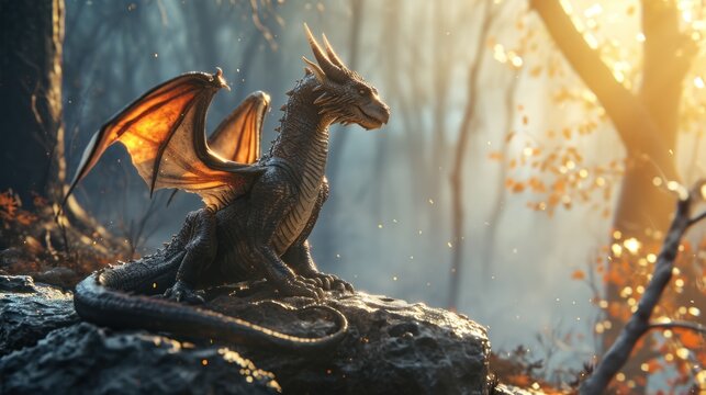 Cute baby dragon stand resting with its wings folded in a foggy forest.