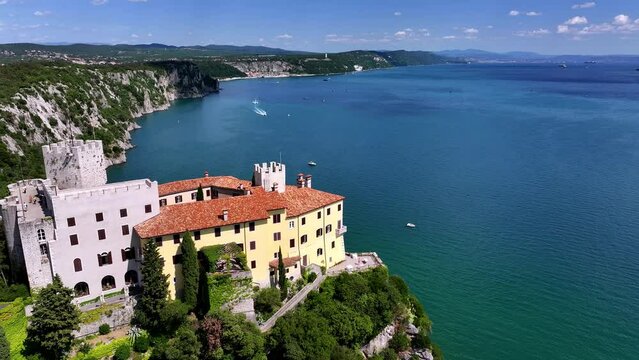 aerial view of duino's castle near to the sea in trieste