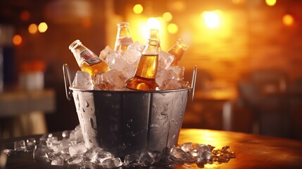 Metal bucket with cold bottles of beer on the bar blurred background - Powered by Adobe