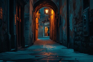 Fototapeta premium Mysterious Alley: The Enigmatic Path of Illuminated Whispers