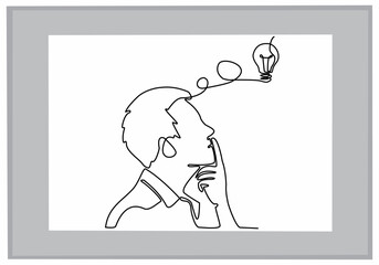 Continuously drawn line silhouette of a thinking man with a light bulb in front of his head. Allegory of solutions and creative search. Vector illustration of minimalist concept of ideas and creativi