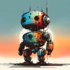 Minimalist painting of sci-fi cute robot ,  pen and ink sketch.