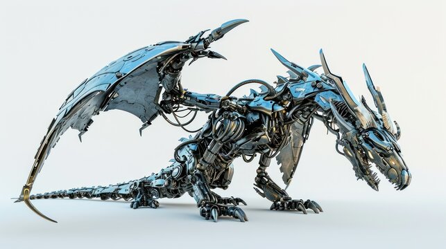 Isolated dragon robot with mechanical structure over plain background.