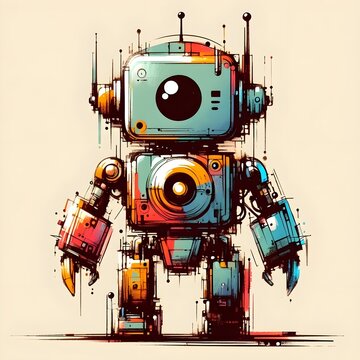 Minimalist painting of sci-fi cute robot ,  pen and ink sketch.