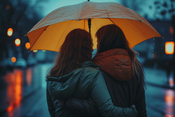 Two Friends Sharing an Umbrella on a Rainy Evening Walk