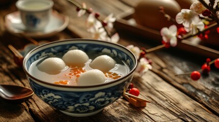 Fototapeta premium Traditional dinner dish rice ball Tangyuan during family gathering party to celebrate Chinese lunar new year.
