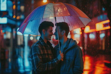  Intimate Moment for Gay Couple Under Umbrella on Rainy Night