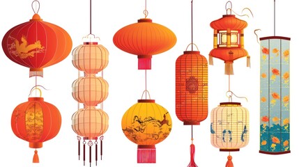 Vector illustration of a collection of different type of holiday lanterns to celebrate Chinese lunar new year over white background.