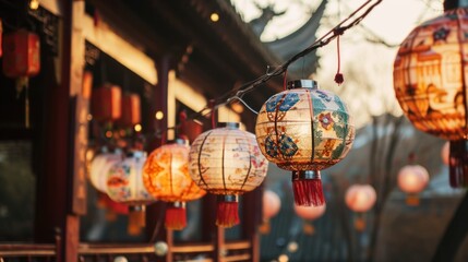 Naklejka premium Beautiful vintage lanterns in street to celebrate Chinese lunar new year.