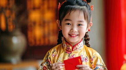 A little girl in traditional clothing with red envelope, or red pack, Hongbao, during Chinese lunar new year celebration.