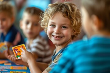 Smiling Child Showcasing Joyful Learning with Card.