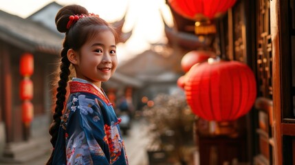 Obraz premium A little girl with a red lantern in street to celebrate Chinese lunar new year.