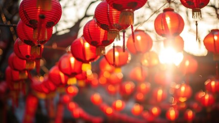 Obraz premium Beautiful red lanterns in street to celebrate Chinese lunar new year.