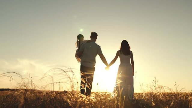 Silhouette of couple with daughter sitting in father arms walking in field in evening. Silhouette of married couple walking in field with daughter in arms. Father and mother with child walk at sunset