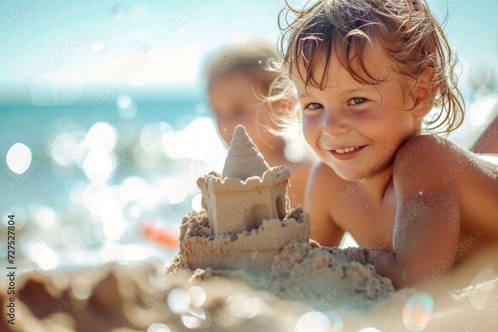 Wall mural happy children play on the beach in the sunshine and build sandcastles.