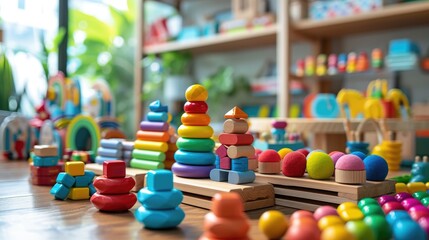 cheerful display of colorful, educational toys arranged neatly in a playful and inviting children's...