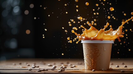 takeaway coffee cup spills over, creating a lively splash against a dark backdrop, with scattered coffee beans accentuating the action