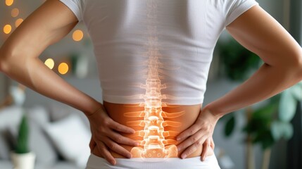 woman's silhouette with hands on her lower back, overlaid with a glowing illustration of a spine, emphasizes the importance of spine health and awareness of back pain