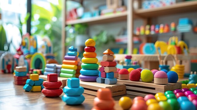 cheerful display of colorful, educational toys arranged neatly in a playful and inviting children's learning environment