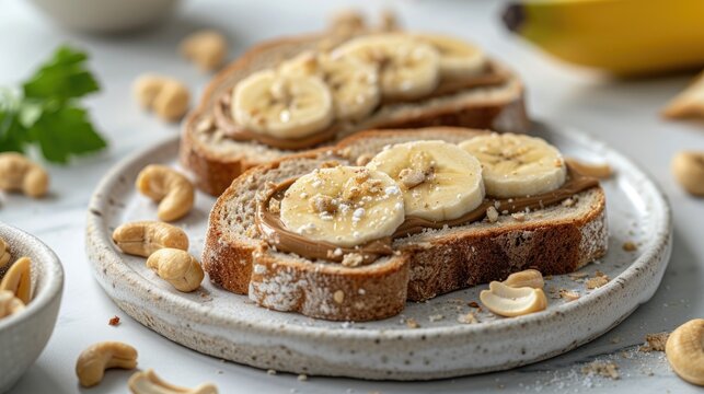 Wholesome slices of whole grain toast topped with creamy peanut butter and banana slices, sprinkled with nuts and served on a textured ceramic plate