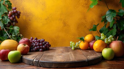 variety of ripe fruits including apples, grapes, and citrus on a rustic wooden platter against a warm yellow background, symbolizing freshness and natural goodness