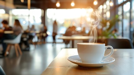 Close-up view of a cup of coffee on table in a coffee shop.