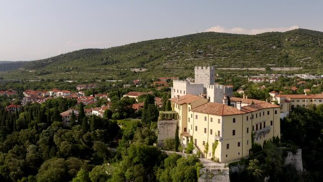 drone panorama of duino's castle near to the sea in trieste