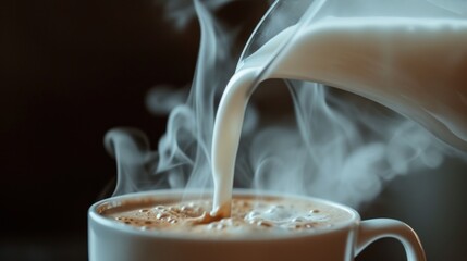 Close-up view of milk pouring in a cup of steaming hot coffee on table.