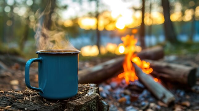 Close-up view of a cup of coffee in camping site with camp fire in woods.
