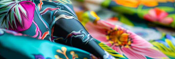 close up to sublimated clothes and textiles with floral and colorful patterns, generative AI