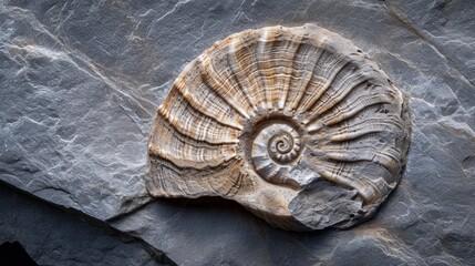 Prehistoric fossil of a conch in a rock stone.